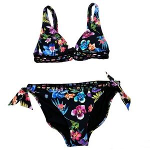 JOHNNY WAS Carribean Halter Bikini Swimsuit Set Black Tropical Floral NEW Size S